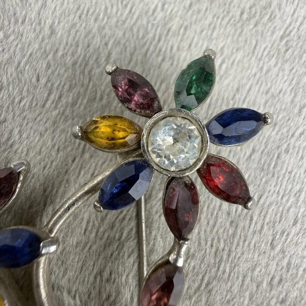 Vintage Estate Brooch Silver Tone Rhinestone Flower Multicolor Marquise